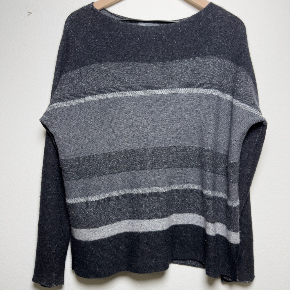 Vince Women Cashmere Wool Sweater M Gray Striped Boat Neck Drop Shoulder Preppy